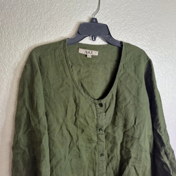 FLAX lagenlook linen button down tunic top ruffle sleeve hem sz L - Picture 2 of 7